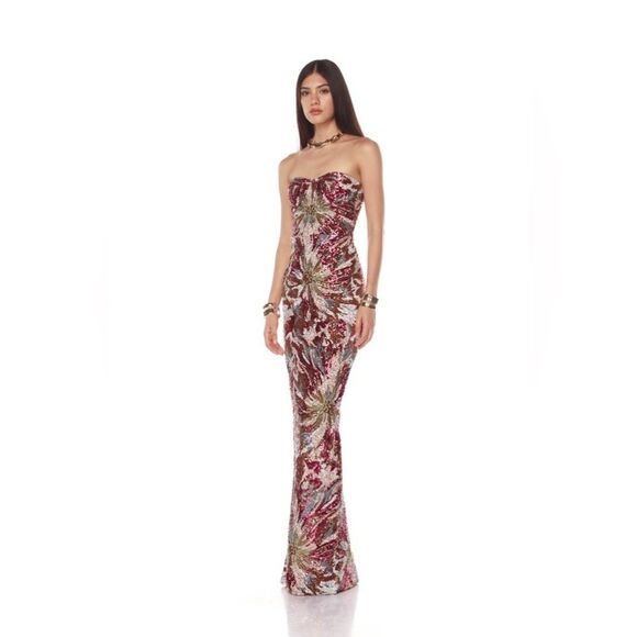 NWOT BRONX AND BANIC Dahlia Fuchsia Multi Maxi Strapless Dress - Picture 5 of 15